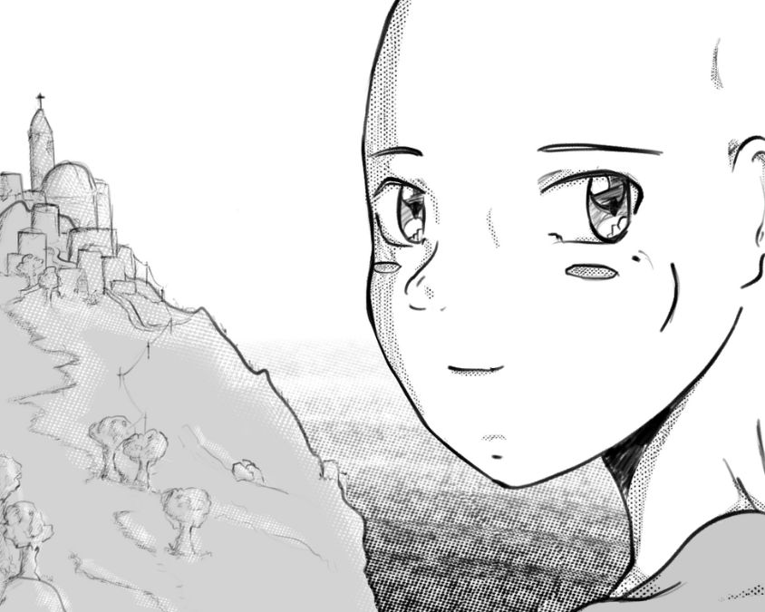 Illustrazione di Andrea in stile manga, in scala di grigi.